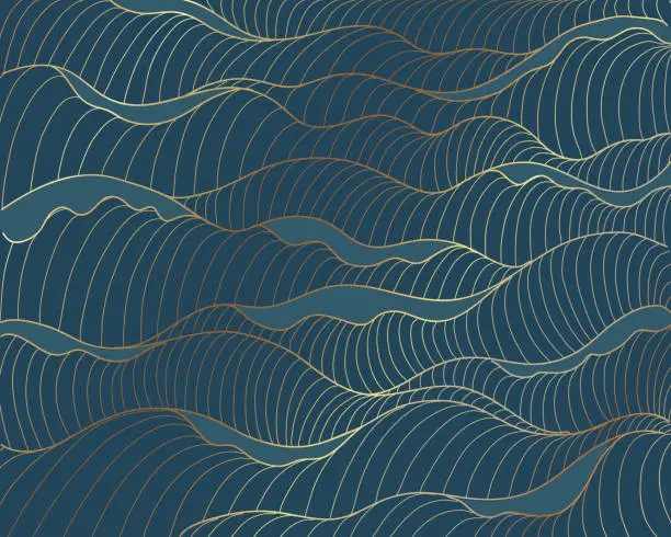 Vector illustration of Golden lines, waves pattern on blue background.