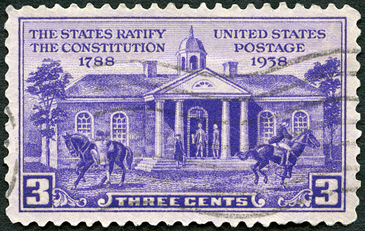 Postage stamp printed in USA shows Old Court House, Williamsburg, Constitution Ratification Issue, 1938