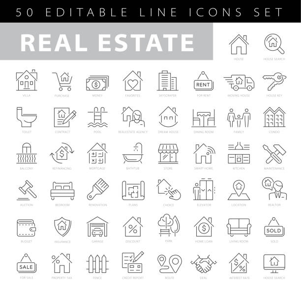 ilustraciones, imágenes clip art, dibujos animados e iconos de stock de iconos de línea de trazo editables de bienes raíces - house