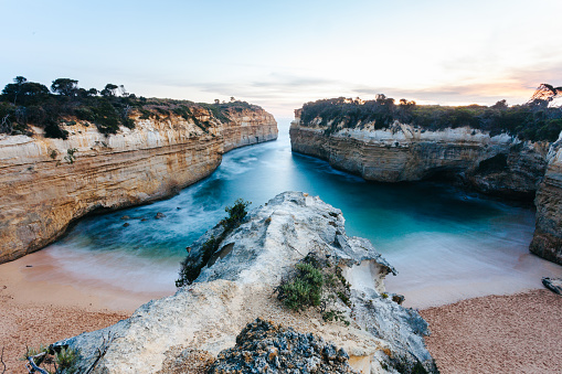 Beautiful seashore and cliffs during sunset along the Great Ocean Road in Australia