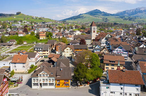 Aerial view of the Appenzell old town on a sunny day in Switzerland
