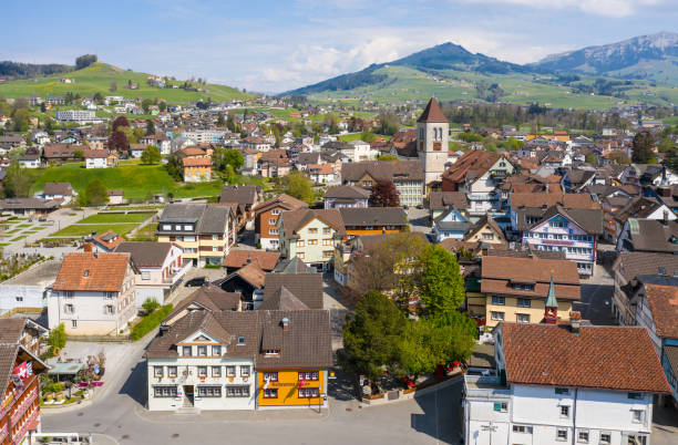 Aerial view of the Appenzell old town on a sunny day in Switzerland Aerial view of the Appenzell old town on a sunny day in Switzerland appenzell stock pictures, royalty-free photos & images
