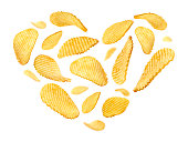 Fluted potato chips in the shape of a heart on a white background