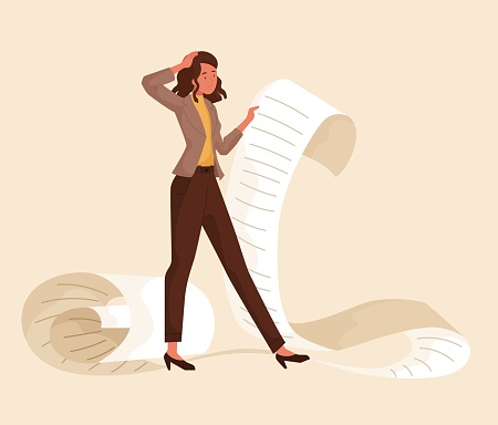 Young pretty pensive business woman holding giant to-do list, paper document, tax invoice. Time management or payment concept. Impossible agenda. Flat cartoon vector illustration isolated on bright