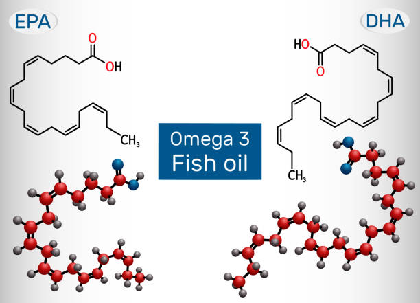 illustrazioni stock, clip art, cartoni animati e icone di tendenza di olio di pesce, omega 3. acido eicosapentaenoico (epa), molecola di acido docosaesaenoico (dha). acidi grassi polinsaturi - fish oil illustrations