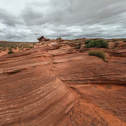 United States. Arizona. Coconino County. The desert near Lake Powell. Lake Powell is a reservoir on the Colorado River, between Utah and Arizona. It is a vacation spot visited by two million people every year. It lies on an area of 161,390 acres (65,310 ha) and has 1960 miles (3161 km) of shoreline (more than the entire Pacific coast of USA). Because of its ecological effect on the Colorado River and on the environment, Lake Powell and its dam have inspired heavy controversy from environmentalists.