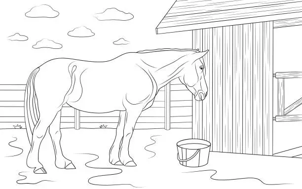 Vector illustration of Horse is standing near its stable in outdoors. Illustration for coloring book.