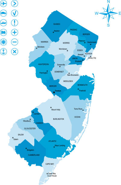 Map of New Jersey with icons and key Detailed map of New Jersey with capital and navigation icon. new jersey stock illustrations