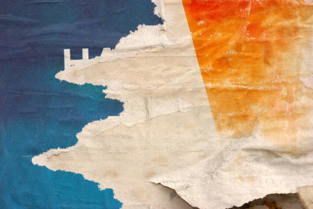 Torn street poster background, abstract weathered paper collage with random text