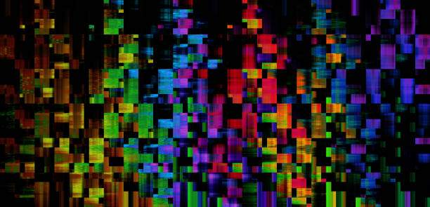 abstrakte glitch bunte pixel neon schwarz hintergrund probleme fernsehen statische tv farbe bar lärm test futuristische gitter igniting muster cube block textur technologie kubismus kunst digital generiert bild - testbild stock-fotos und bilder