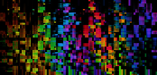 Abstract Glitch Colorful Pixel Neon Black Background Problems Television Static TV Color Bar Noise Test Futuristic Grid Pattern Cube Block Texture Technology Digitally Generated Image for presentation, flyer, card, poster, brochure, banner