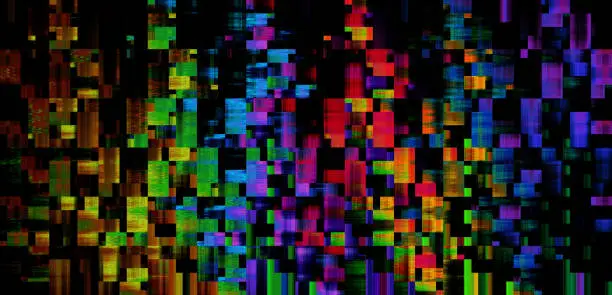 Photo of Abstract Glitch Colorful Pixel Neon Black Background Problems Television Static TV Color Bar Noise Test Futuristic Grid Igniting Pattern Cube Block Texture Technology Cubism Art Digitally Generated Image