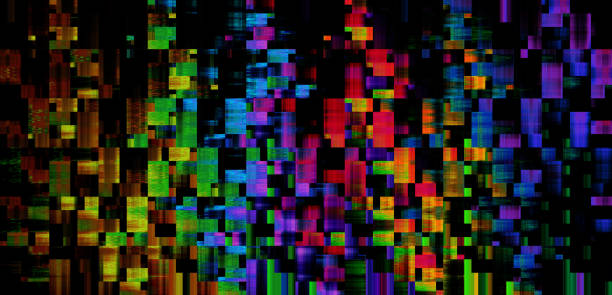 falha abstrata colorido pixel neon preto fundo problemas de televisão tv cor teste de ruído grade futurista grade desajei padrão cube bloco textura tecnologia cubismo arte imagem gerada digitalmente - jogo de vídeo de empilhar blocos - fotografias e filmes do acervo