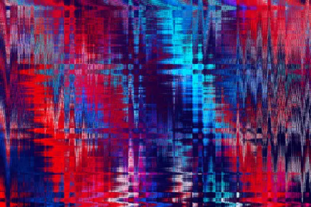 Photo of Abstract Glitch Colorful Background Red Blue White Pixel Noise Striped Wave Morphing Fiber Optic Pattern Electro Techno Music Thread Weaving Texture Illuminated Line Art Digitally Generated Image
