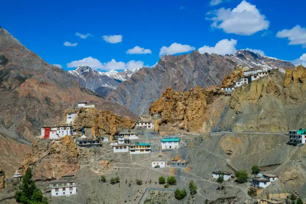 Dhankar Gompa is a village and also a Gompa, a Buddhist temple in the district of Lahaul and Spiti in India. It is situated at an elevation of 3,894 metres in the Spiti Valley above Dhankar Village, between the towns of Kaza and Tabo.