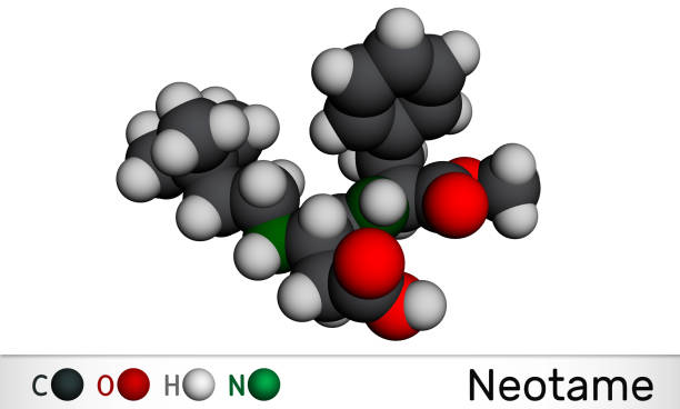 Neotame, sweetening agent, E961molecule. It is dipeptide with peptide linkage, artificial sweetener, aspartame analog. Molecular model. 3D rendering Neotame, sweetening agent, E961molecule. It is dipeptide with peptide linkage, artificial sweetener, aspartame analog. Molecular model. 3D rendering. 3D illustration chemical formula for aspartame stock pictures, royalty-free photos & images