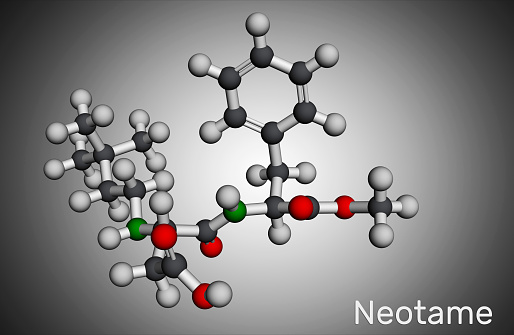 Neotame, sweetening agent, E961molecule. It is dipeptide with peptide linkage, artificial sweetener, aspartame analog. Molecular model. 3D rendering. 3D illustration