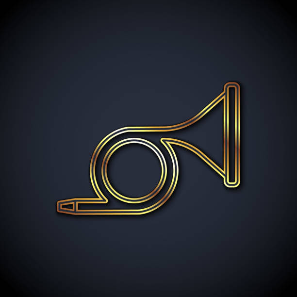 ゴールドライン黒の背景に分離楽器トランペットアイコン。ベクトル - trumpet musical instrument bugle isolated点のイラスト素材／クリップアート素材／マンガ素材／アイコン素材