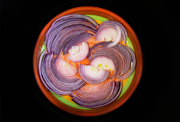 figuratively exquisite beautifully thinly sliced ​​red purple onions on a brightly colored salad plate