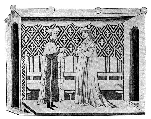 Costumes in a manuscript from the novel "Tristan" 14th century Illustration of a Costumes in a manuscript from the novel "Tristan" 14th century arthurian legend stock illustrations