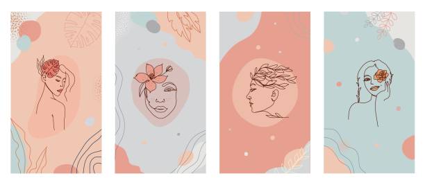 直線的な女性の顔と花を1行オーガニックスタイルのロゴベクトルセットで。 - 女らしさ点のイラスト素材／クリップアート素材／マンガ素材／アイコン素材