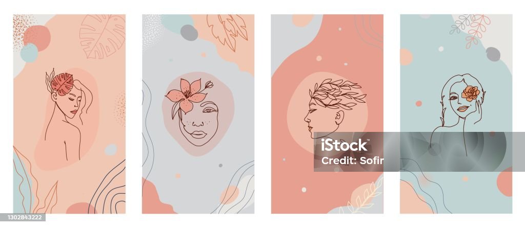 Linear women face and flowers in one line organic style logo vector set. Linear women face and flowers in one line organic style set for logo, icons, packaging beauty products branding, social media stories. Abstract modern background in pastel colors. Vector illustration. Women stock vector