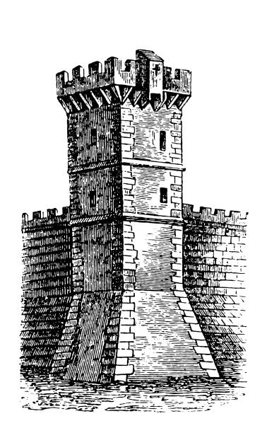 French fortification towers at the turn of the 13th century Illustration of a French fortification towers at the turn of the 13th century tower illustrations stock illustrations