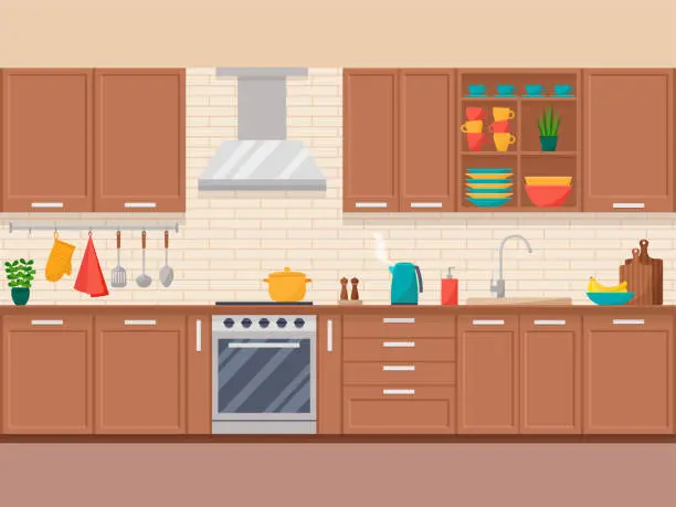 Vector illustration of Kitchen interior with furniture, equipment and dishes in flat style, vector illustration