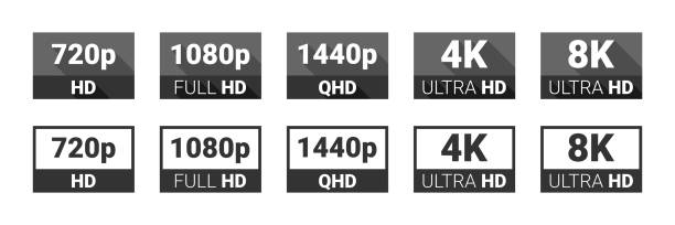 Video quality symbol. HD, Full HD, 2K, 4K, 8K resolution icons. High definition display resolution icon standard. Vector Illustration Video quality symbol. HD, Full HD, 2K, 4K, 8K resolution icons. High definition display resolution icon standard. Vector Illustration full hd format stock illustrations