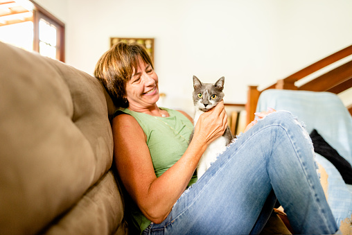 Smiling mature woman petting her cute little cat while sitting together on her living room sofa