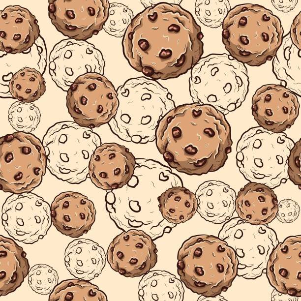 illustrations, cliparts, dessins animés et icônes de motif sans couture avec biscuits aux pépites de chocolat. fond répétitif avec des biscuits de petit déjeuner et de délicieux petits gâteaux. - chocolate chip cookie cookie preparing food chocolate