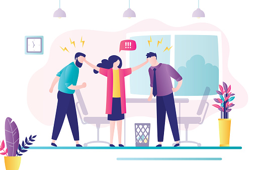 Female worker stops conflict between two angry male employees. Stress, emotions management at work. Conflict situation in office between workers. Office interior, workplace. Flat vector illustration