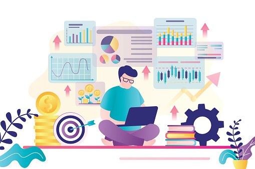 Male character is taking an online business course. Businessman with laptop. Exchange trading, financial literacy. Various graphs and statistics on background. E-learning concept. Vector illustration