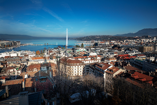 Aerial view of Geneva with Lake Geneva and Jet D’eau Water Fountain - Geneva, Switzerland