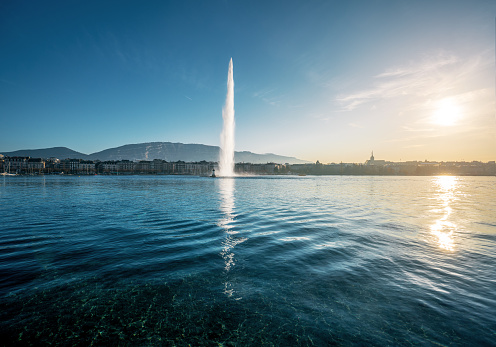 On the shores of Lake Geneva - Lac Léman - in Geneva, Switzerland, is the Jet d'Eau, a 140 m high jet of water, which helps to cool off on sizzling summer days.