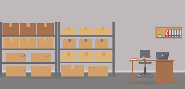 Warehouse: racks with boxes and workplace of warehouse manager, storekeeper or warehouse worker.Tape dispenser on desk with laptop, shelf with folders and cactus.Cozy place of work.Vector illustration