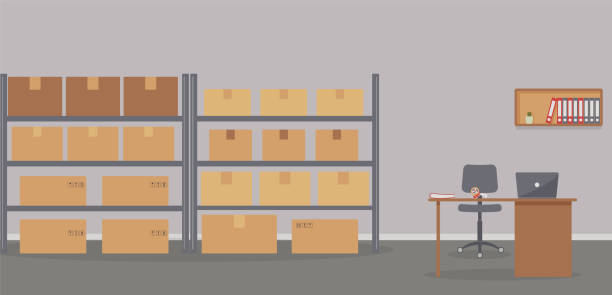 Warehouse: racks with boxes and workplace of warehouse manager, storekeeper or warehouse worker.Tape dispenser on desk with laptop, shelf with folders and cactus.Cozy place of work.Vector illustration Warehouse: racks with boxes and workplace of warehouse manager, storekeeper or warehouse worker.Tape dispenser on desk with laptop, shelf with folders and cactus.Cozy place of work.Vector illustration warehouse clipart stock illustrations