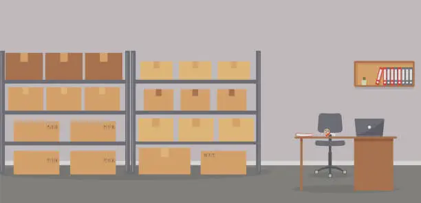 Vector illustration of Warehouse: racks with boxes and workplace of warehouse manager, storekeeper or warehouse worker.Tape dispenser on desk with laptop, shelf with folders and cactus.Cozy place of work.Vector illustration