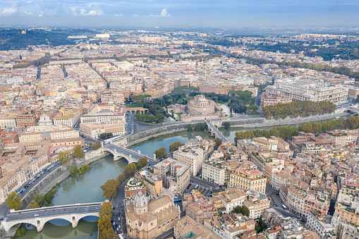 Aerial of Rome with the River Tiber, the famous Castel Sant'Angelo and Ponte Vittorio Emanuele II Bridge. Converted from RAW.