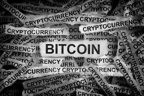 istock Bitcoin. Torn pieces of paper with the words Bitcoin and Cryptocurrency 1302860532