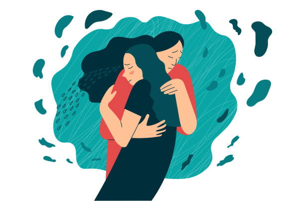 Friend or mother supports in stress or depression. Hugs as a way to support and show love and compassion. Friend or mother supports in stress or depression. Hugs as a way to support and show love and compassion. Mental health creative concept. Flat vector illustration. compassion stock illustrations