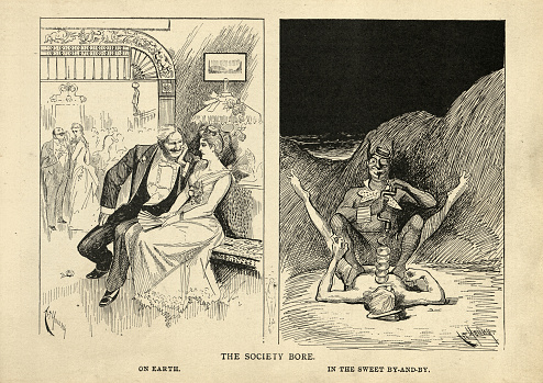 Vintage illustration of satirical Victorian cartoon on hell. The society bore, on earth and in hell