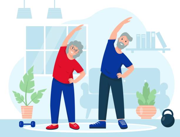 ilustraciones, imágenes clip art, dibujos animados e iconos de stock de feliz pareja de ancianos deportes en casa. - sport couple isolated muscular build