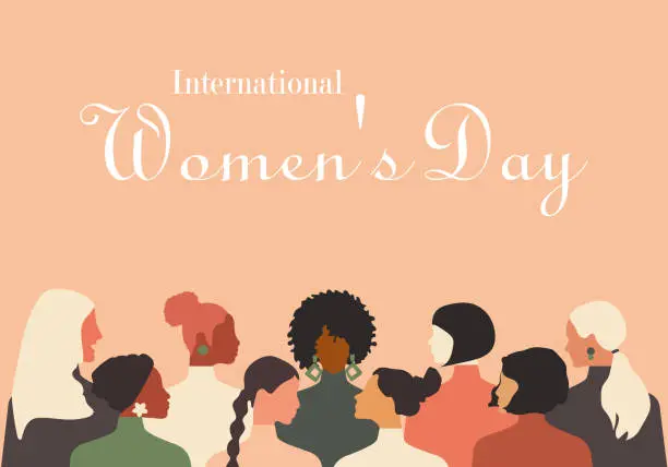 Vector illustration of Greeting card with International Women's Day. Different nationalities of women stand together. Delicate pink coral background. Modern vector graphics.