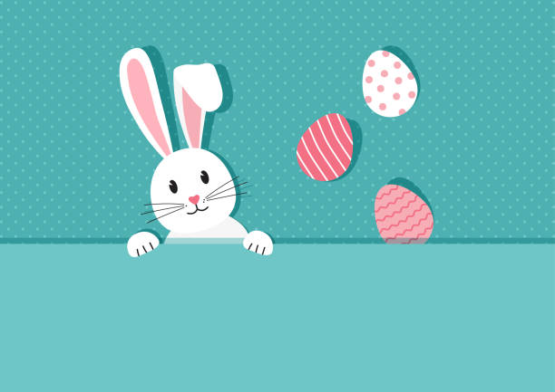 ilustraciones, imágenes clip art, dibujos animados e iconos de stock de tarjeta de felicitación vectorial de conejo de pascua y huevos. lindo conejo sobre fondo de papel. personaje de dibujos animados en banner vintage - easter bunny