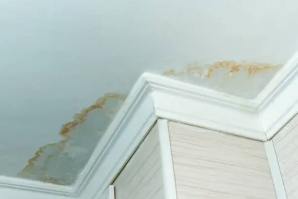 Photo of Neighbors have a water leak, water-damaged ceiling, close-up of a stain on the ceiling