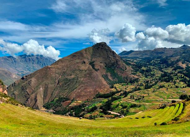 peru urubamba sacred valley w andach, rolnictwo incas zielone trawa tarasowe pola na wzgórzu. - calca zdjęcia i obrazy z banku zdjęć