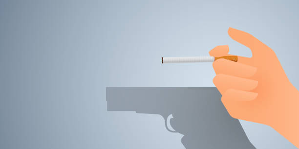 May 31st World No Tobacco Day banner design. Hand holding cigarette and shadow of hand turned into a gun to convey the dangers of smoking. Stop smoking poster for disease warning. No smoking sign. Vector May 31st World No Tobacco Day banner design. Hand holding cigarette and shadow of hand turned into a gun to convey the dangers of smoking. Stop smoking poster for disease warning. No smoking sign. Vector Illustration. anti tobacco day stock illustrations