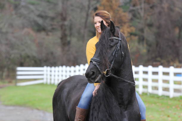 istock Bareback Rider and her Friesan Horse 1302876636