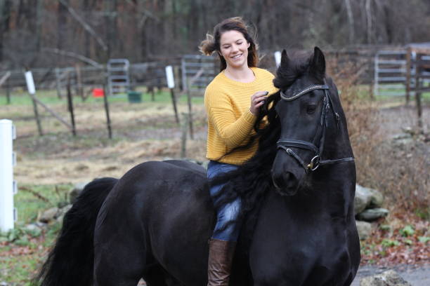 istock Bareback Rider and her Friesan Horse 1302876638